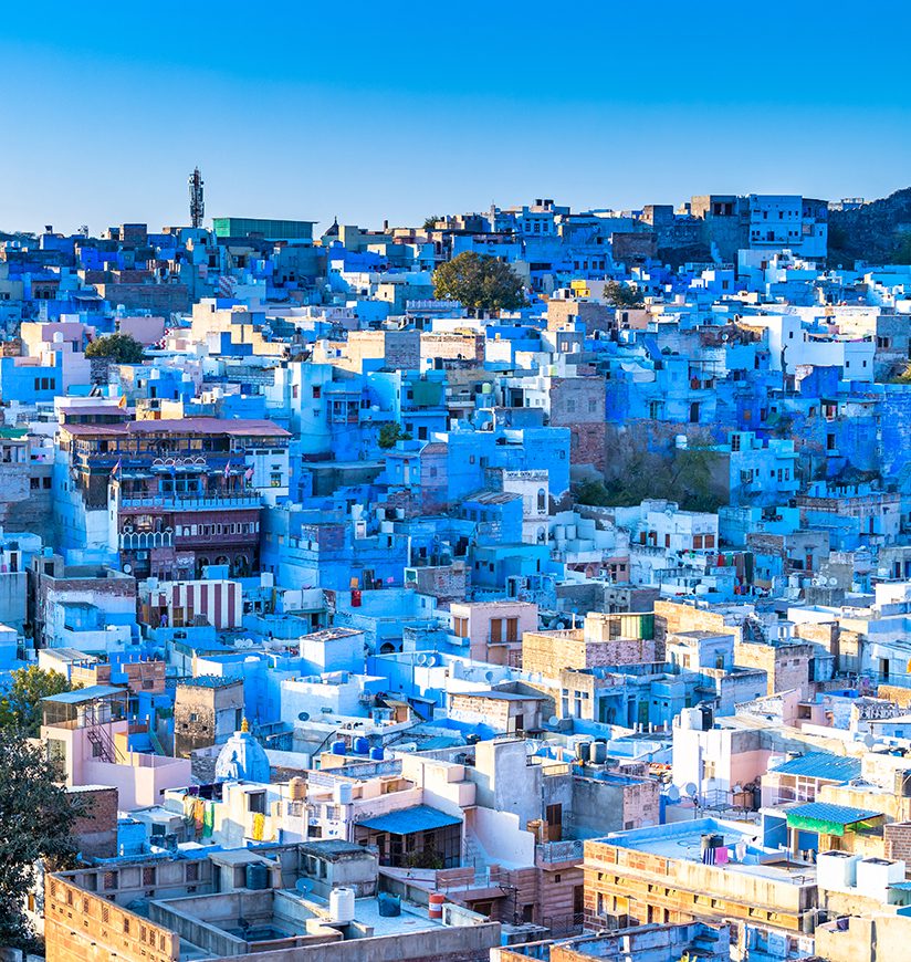 Jodhpur, the Blue City, Rajasthan, India, Blue houses at sunset in Jodhpu.