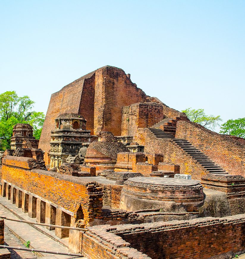 Nalanda University Ruins ,the first Buddhism University with blue clear sky in Bihar  state in India.