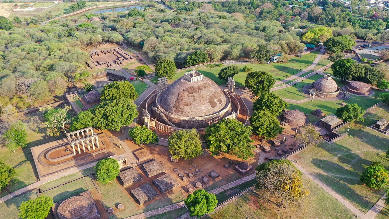 Aerial View of Sanchi Buddhist complex, it is a famous for its Great Stupa, on a hilltop at Sanchi Town in Raisen District of the State of Madhya Pradesh, India.