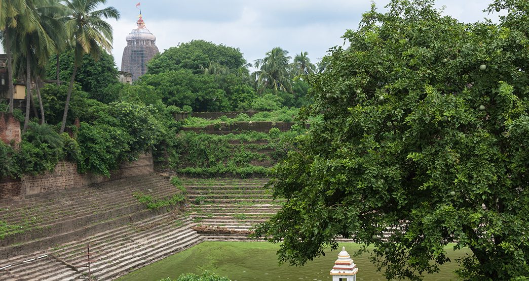 An old temple pond with the famous temple of Jagannatha in the background in Orissa, East India