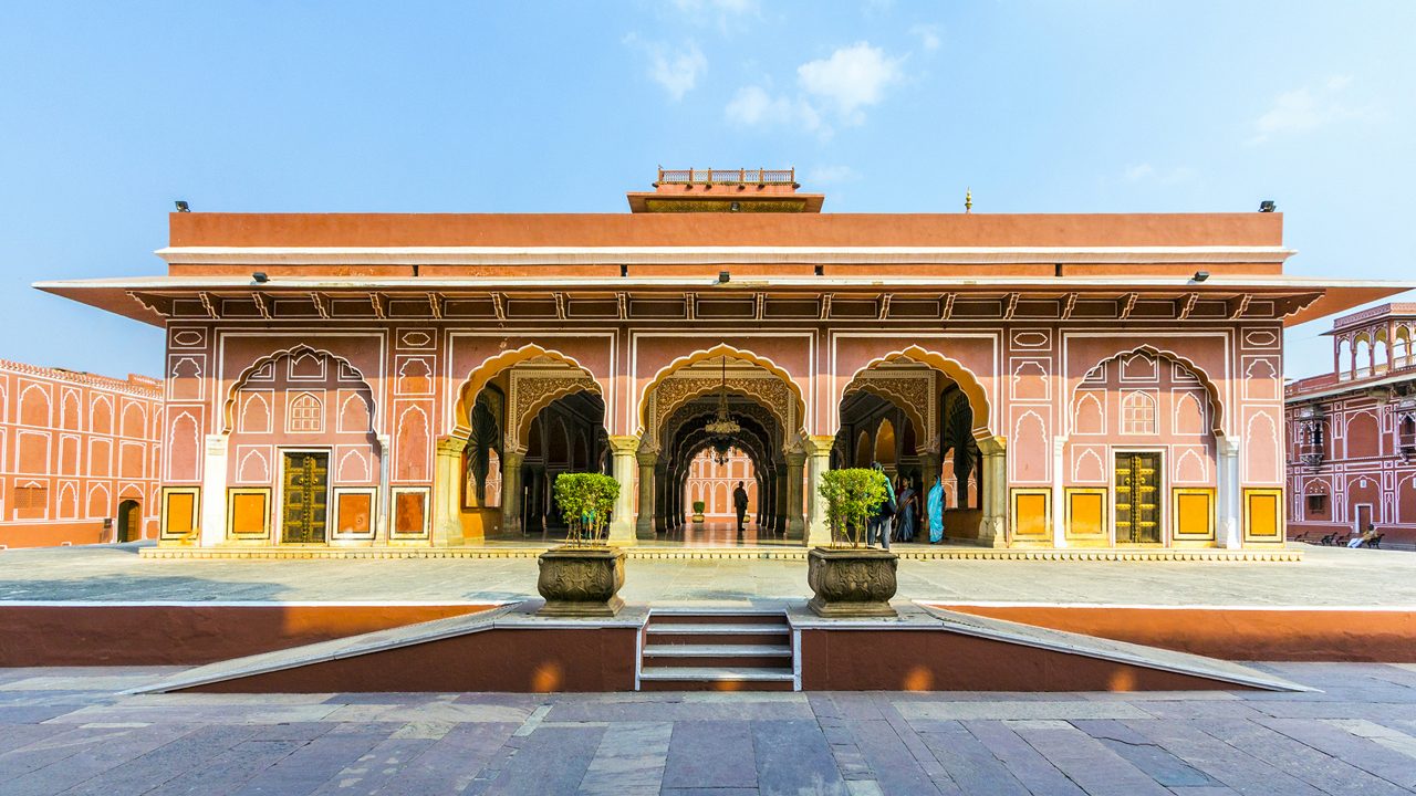 Chandra Mahal in City Palace, Jaipur, India. It was the seat of the Maharaja of Jaipur, the head of the Kachwaha Rajput clan. The Chandra Mahal palace seen in this photo now houses a museum.