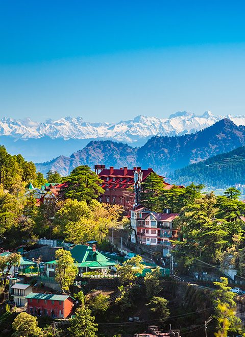 Beautiful panoramic cityscape of Shimla, the state capital of Himachal Pradesh located amidst Himalayas of India.