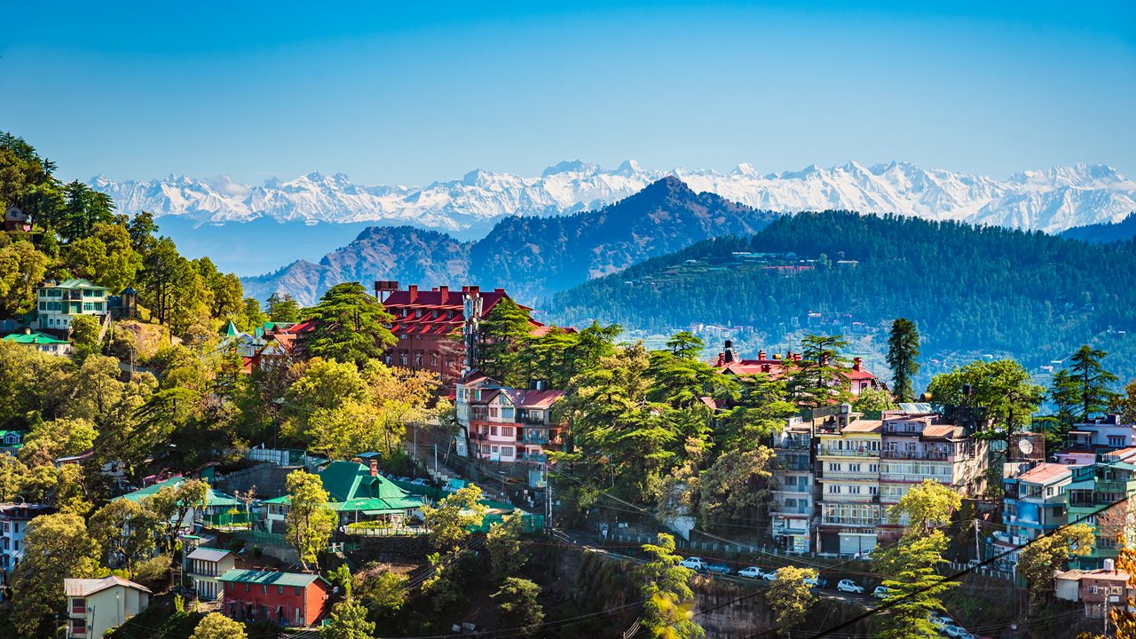 Beautiful panoramic cityscape of Shimla, the state capital of Himachal Pradesh located amidst Himalayas of India.