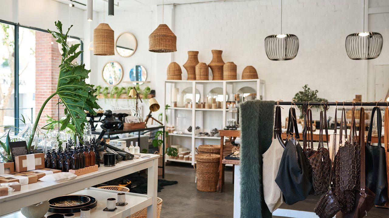 Interior of a stylish boutique full of an assortment of housewares, bags and accessories for sale