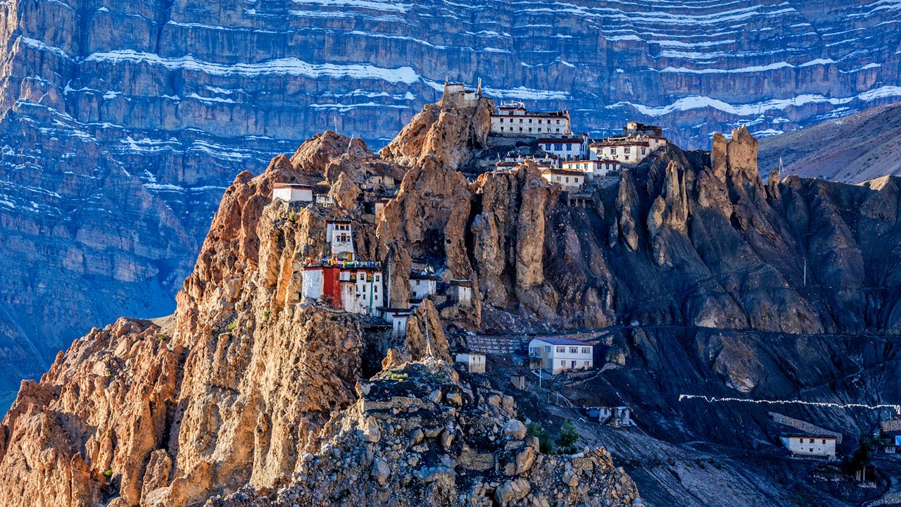 Dhankar monastry perched on a cliff in Himalayas. Dhankar, Spiti Valley, Himachal Pradesh, India