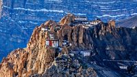 Dhankar monastry perched on a cliff in Himalayas. Dhankar, Spiti Valley, Himachal Pradesh, India