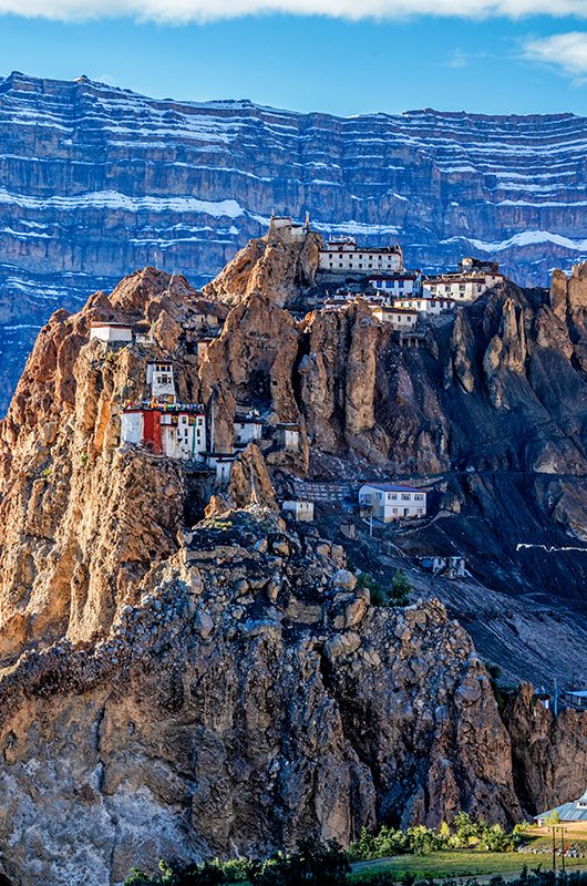 Dhankar monastry perched on a cliff in Himalayas. Dhankar, Spiti Valley, Himachal Pradesh, India