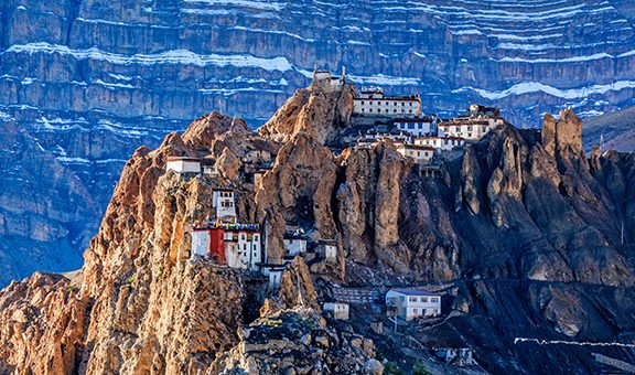 Dhankar monastry perched on a cliff in Himalayas. Dhankar, Spiti Valley, Himachal Pradesh, India