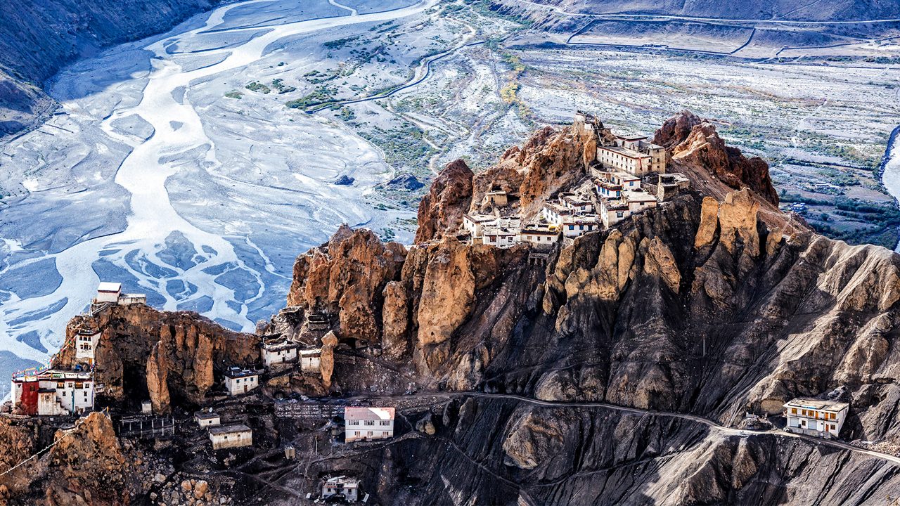 Dhankar monastry perched on a cliff in Himalayas. Dhankar, Spiti Valley, Himachal Pradesh, India