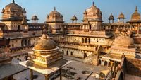 Palace in Orcha at sunset, Madhya Pradesh, India.