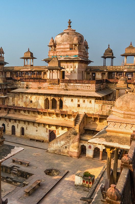 Palace in Orcha at sunset, Madhya Pradesh, India.