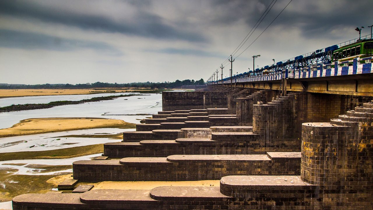 dam barrage in durgapur city landscape with flood gates closed clowdy scene HDR