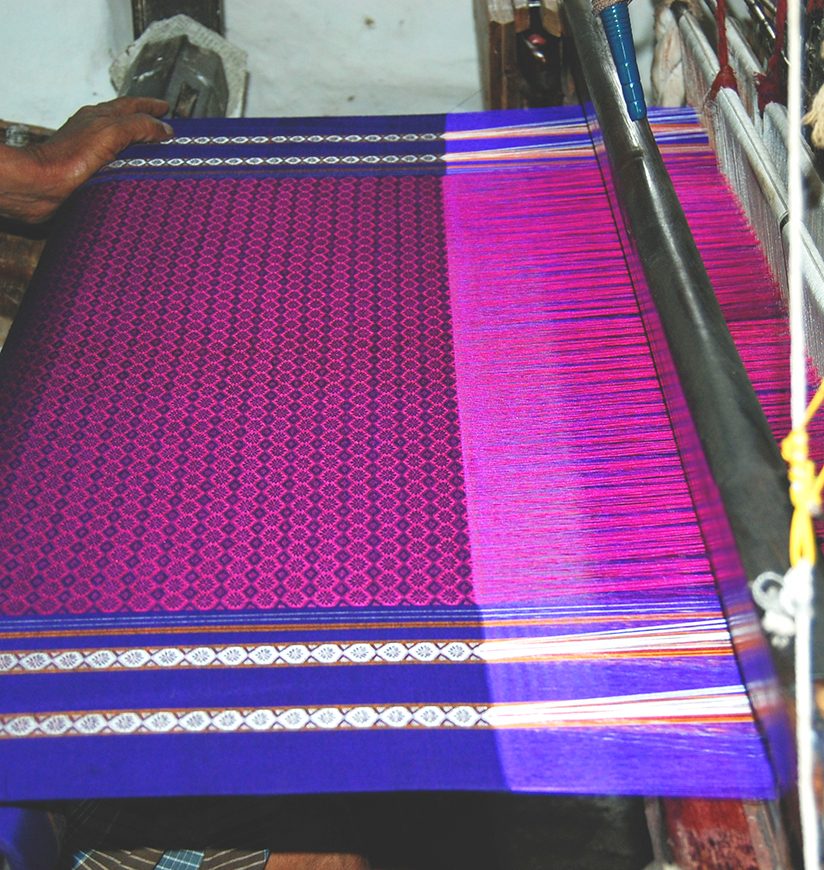 Traditional Silk Blouse cloth Weaving hand loom. Karnataka, India.  Silk Blouse cloth colled  Guledagudd Khana. Famous for its unique design and colors. 