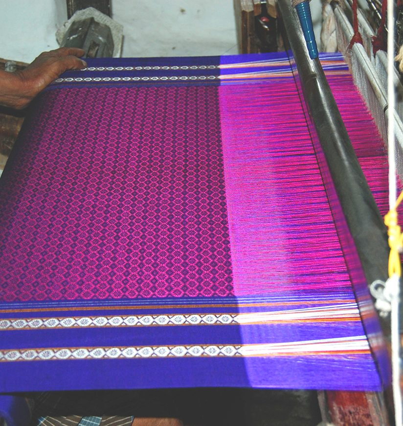 Traditional Silk Blouse cloth Weaving hand loom. Karnataka, India.  Silk Blouse cloth colled  Guledagudd Khana. Famous for its unique design and colors. 