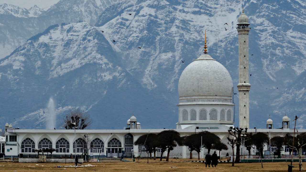 Dargah Hazratbal shrine is famous for muslim devotees in Srinagar Kashmir. Thousands of devotees each day visit this shrine to have glimpse of holy relic of Prophet(PBUH).; Shutterstock ID 1329838172; purchase_order: -; job: -; client: -; other: -