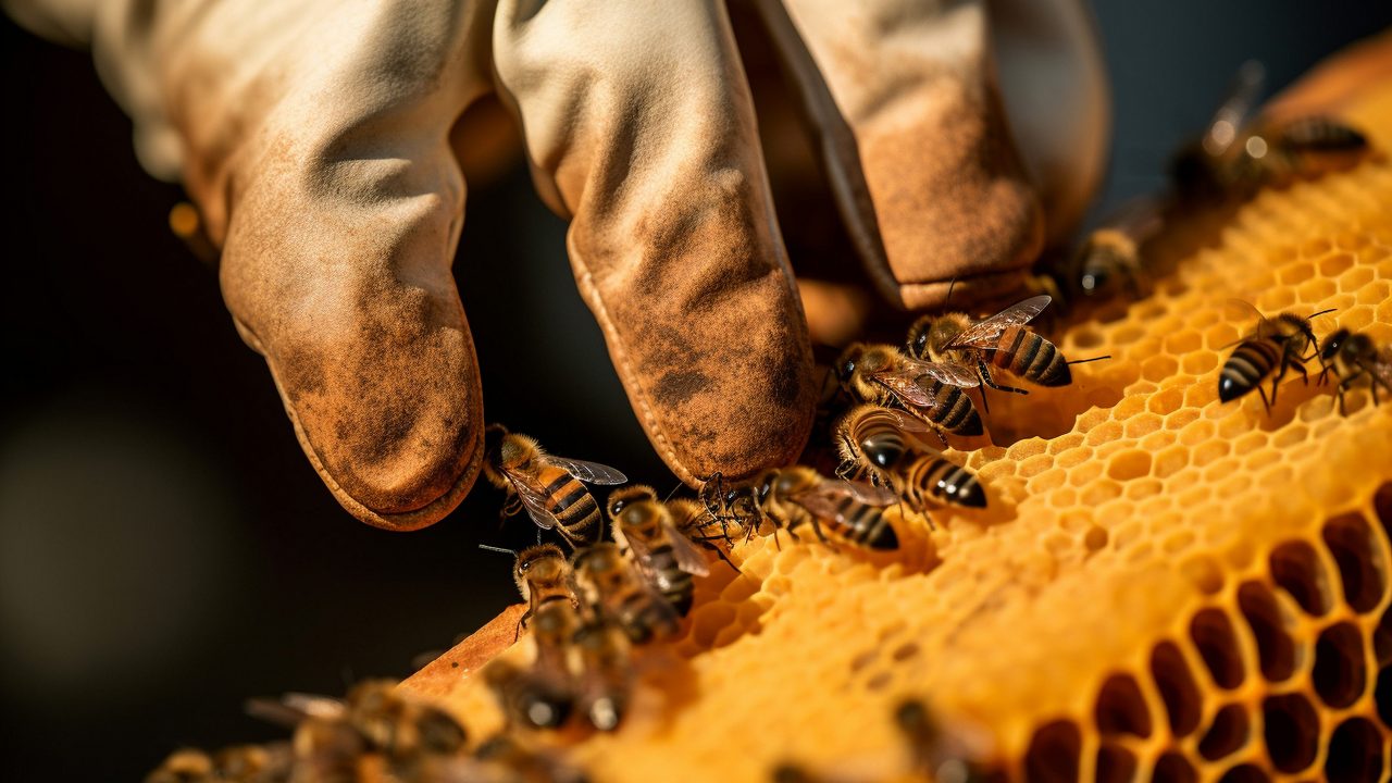 Beekeeper in protective suit working on bee hive with honey bees. Generative AI