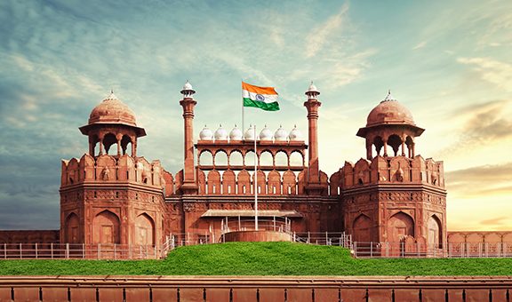 RED FORT DELHI INDIA WITH INDIA FLAG FLYING HIGH 