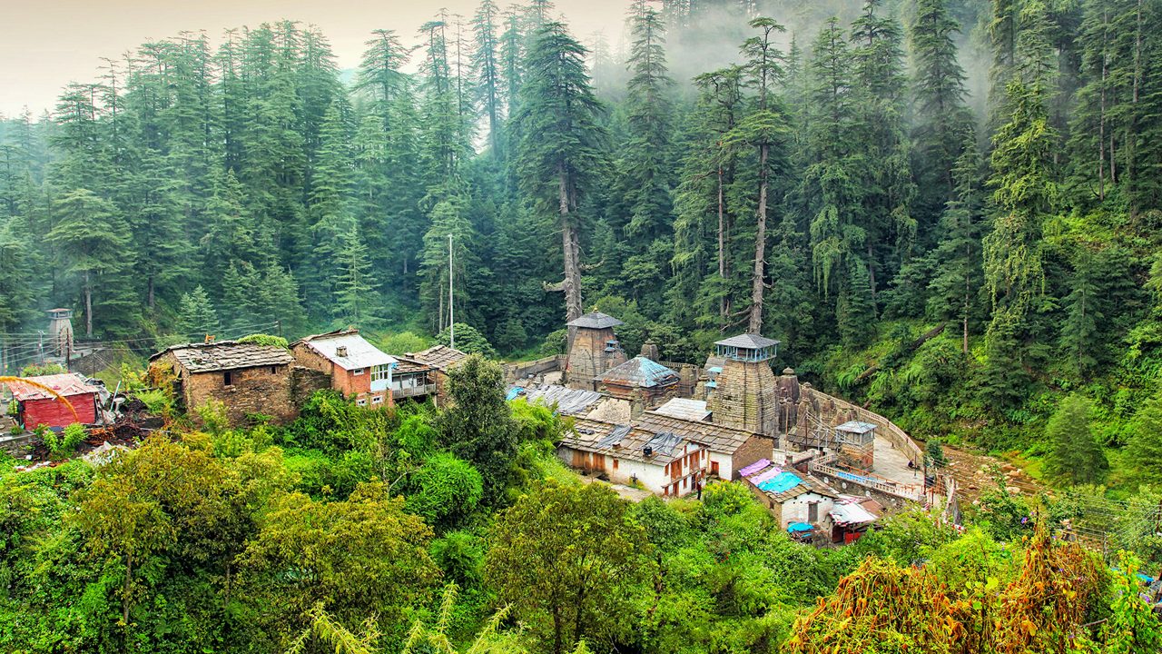 Jageshwar Temple and giant deodars at the background in Almora. It is one of the most popular Hindu temples in Uttarakhand