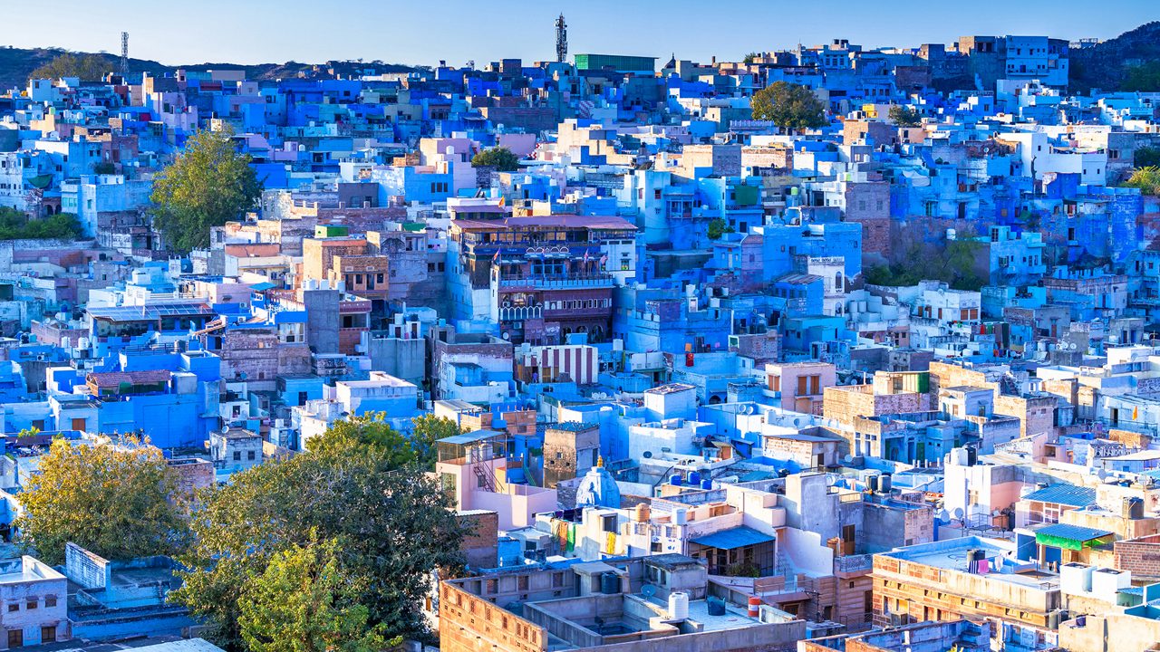 Jodhpur, the Blue City, Rajasthan, India, Blue houses at sunset in Jodhpu.