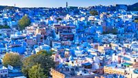 Jodhpur, the Blue City, Rajasthan, India, Blue houses at sunset in Jodhpu.