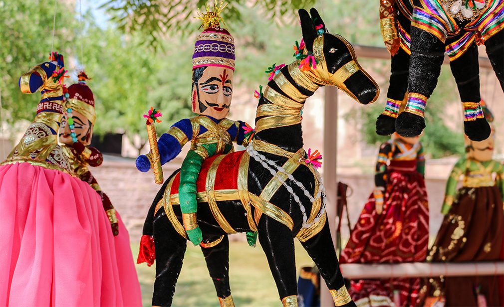 Rajasthani puppets (Kathputli) have been displayed on a shop at Mehrangarh Jodhpur, Rajasthan. Kathputli is a string puppet theatre, native to Rajasthan, India