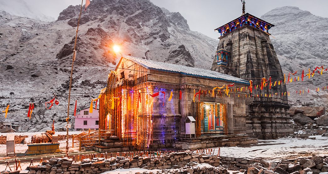 Kedarnath Temple at night, it is a hindu temple dedicated to Shiva, India.