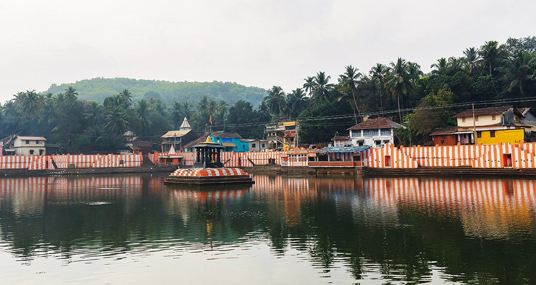 Gokarna, India - March 2019: Beautiful Indian houses on the sacred lake Koti Teertha in the center of Gokarna