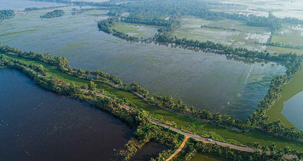 areal view of Kerala Backwaters and wetlands Kumarakom.