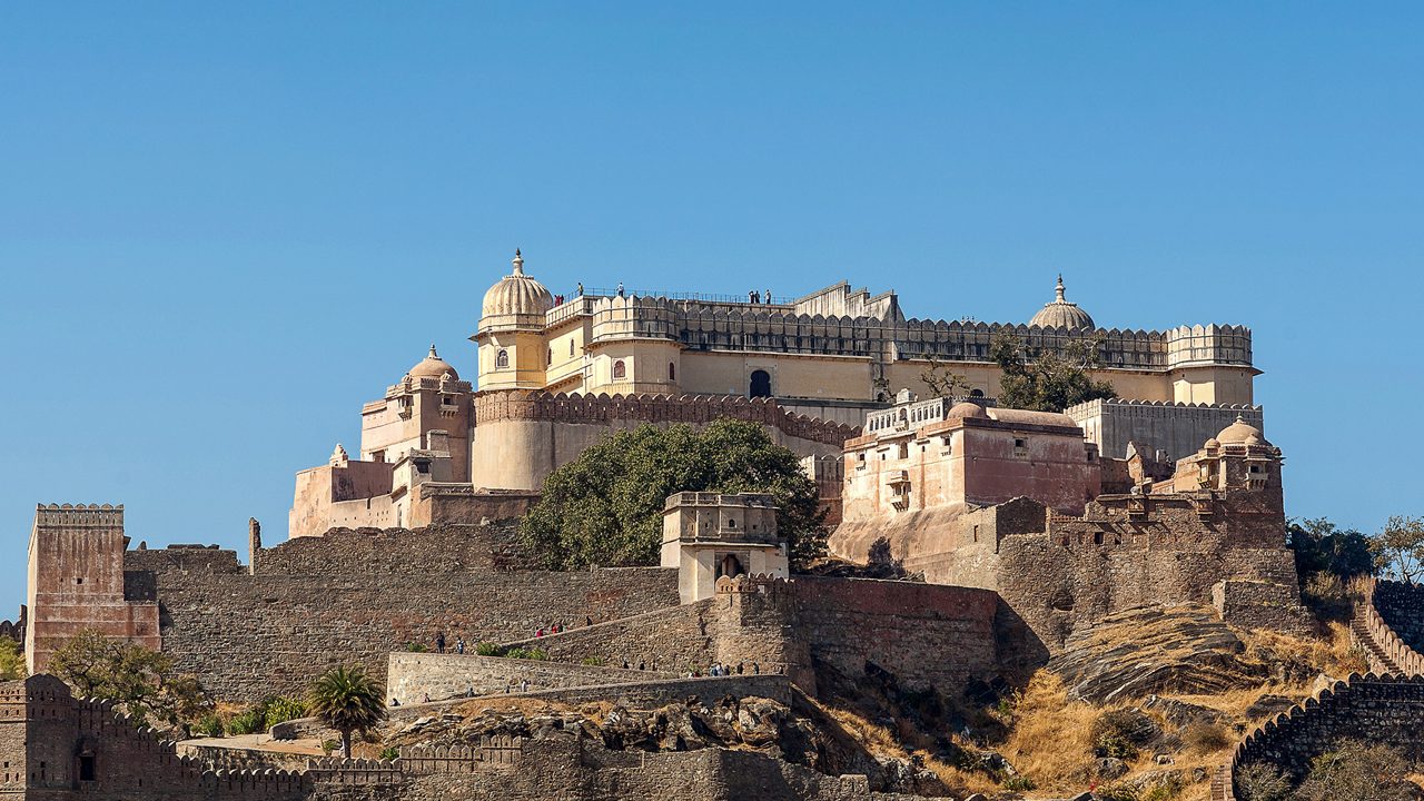 Famous ancient Kumbhalgarh fort in Rajasthan, India. It is a Mewar fortress on the westerly range of Aravalli Hills, in the Rajsamand district near Udaipur. The wall is 38km long.; Shutterstock ID 1595554414; purchase_order: -; job: -; client: -; other: -