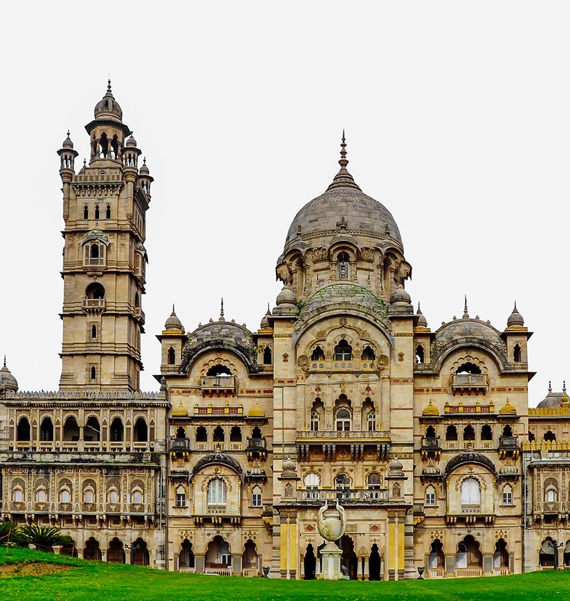 The Lukshmi Villas Palace (Vadodara, India) isolated on white background