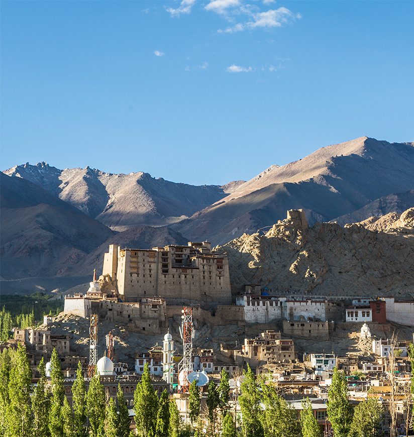 Leh Palace and a view of the village in Ladakh, India