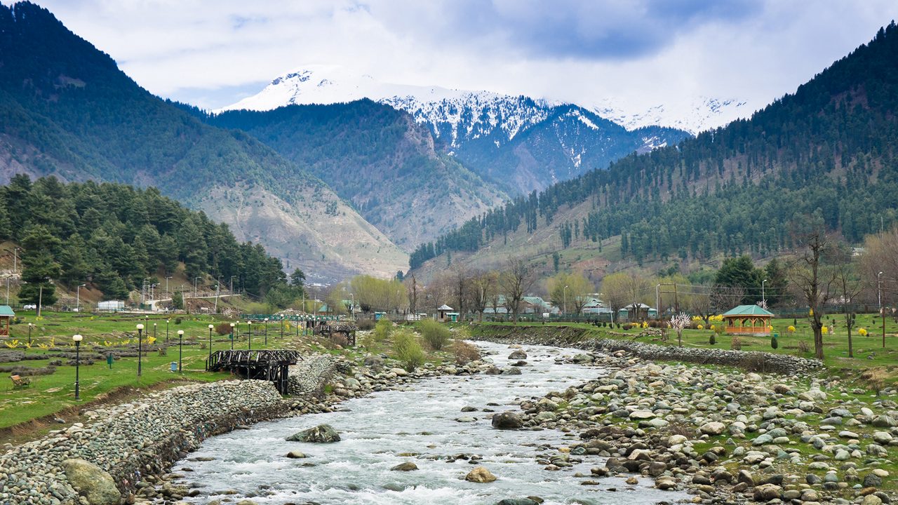 Lidder River flowing through Lavender park in Pahalgam Valley - Pahalgam , Kashmir - India.