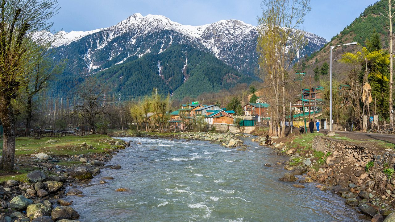 Beautiful landscape of the natural Lidder river stream from the Himalayas mountain passing village of Lalipora Pahalgam, Kashmir,India. It is a popular tourist destination