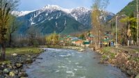 Beautiful landscape of the natural Lidder river stream from the Himalayas mountain passing village of Lalipora Pahalgam, Kashmir,India. It is a popular tourist destination