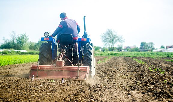 A farmer on a tractor works the soil of a farm field. Loosening surface, land cultivation. Farming, agriculture. Plowing field. Use of agricultural machinery and to simplify and speed up work.