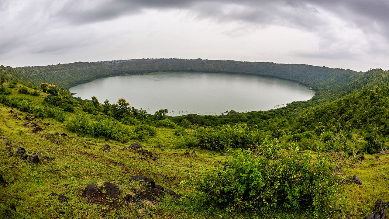 Lonar Lake National Geo-heritage Monument crater full rim view at 
Buldhana district, Maharashtra INDIA