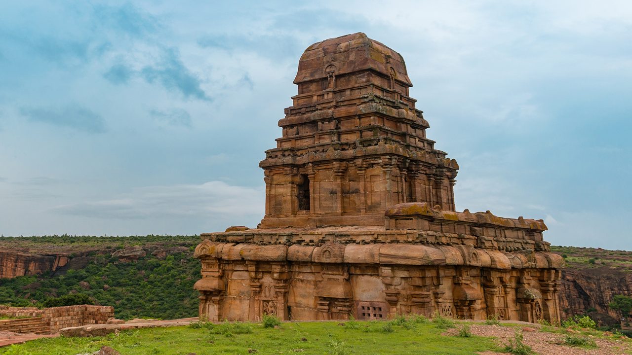 Beautiful view of upper shivalaya temple at top of the hill in Badami.