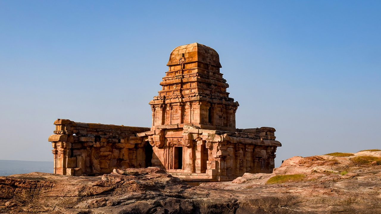 Upper Shivalaya temple on top of hillock which was built by the Badami Chalukyas in Badami, Karnataka, India