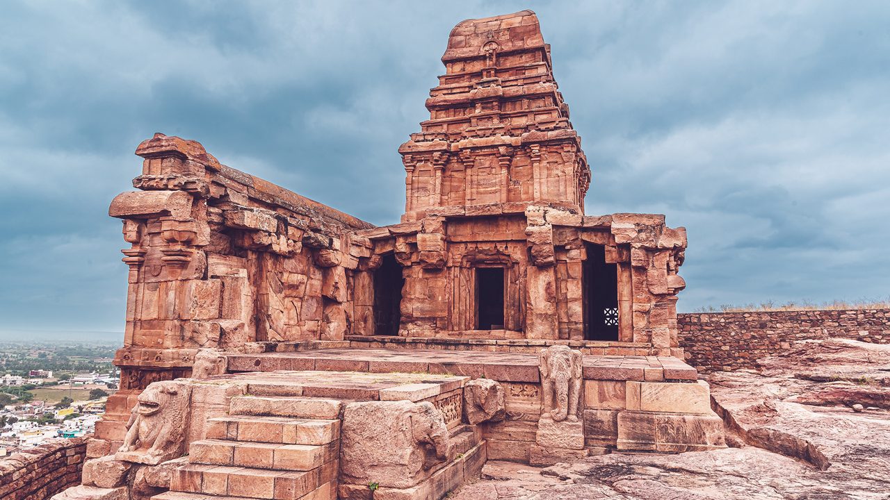 The ancient Upper and lower Shivalaya Gdi or temples in the Badami fort, Badami, Karanataka, India