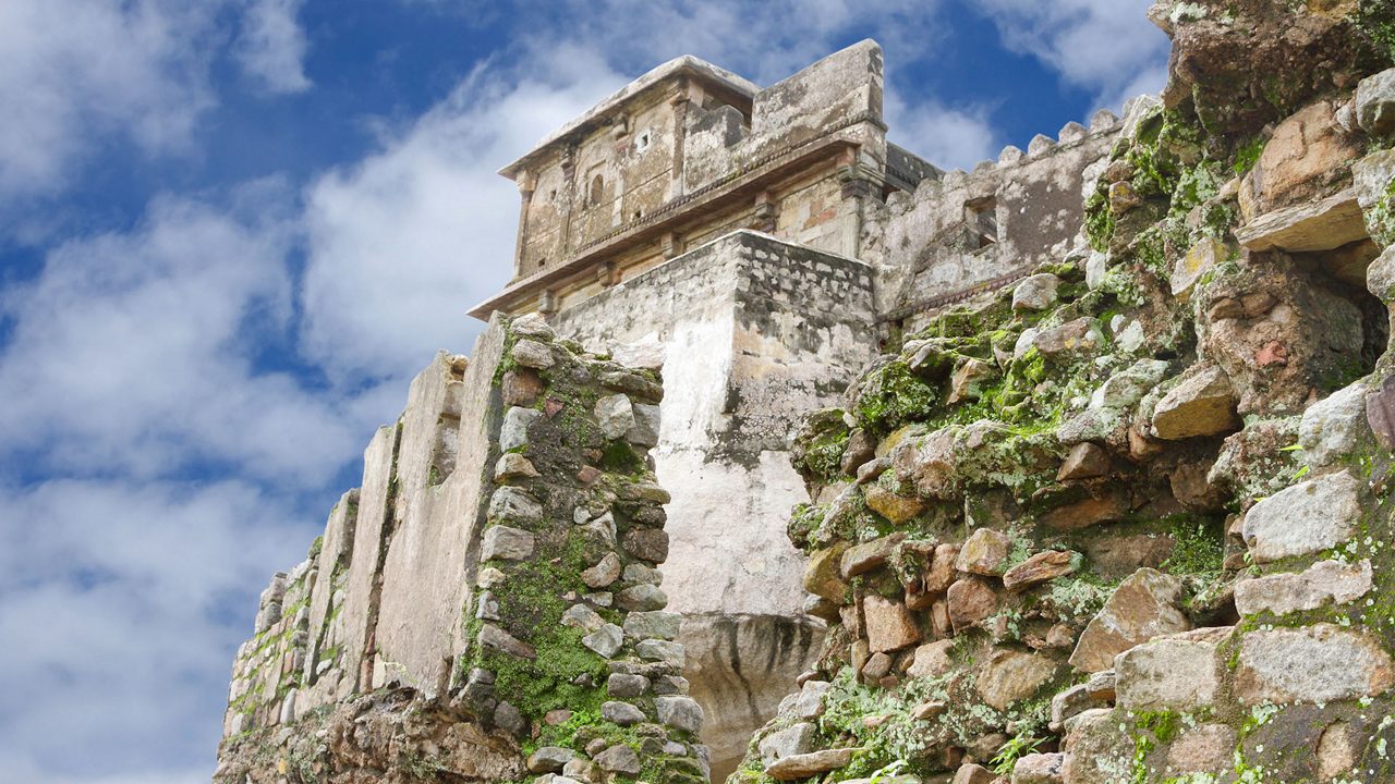Madan Mahal fort through the ruins of ancient broken wall