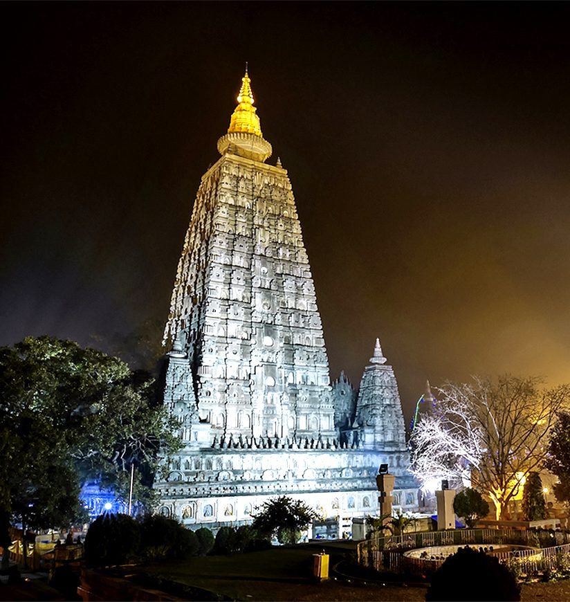 The side view of the stupa at Mahabodhi Temple Complex in Bodhgaya, India. The Mahabodhi Vihar is a UNESCO World Heritage Site.