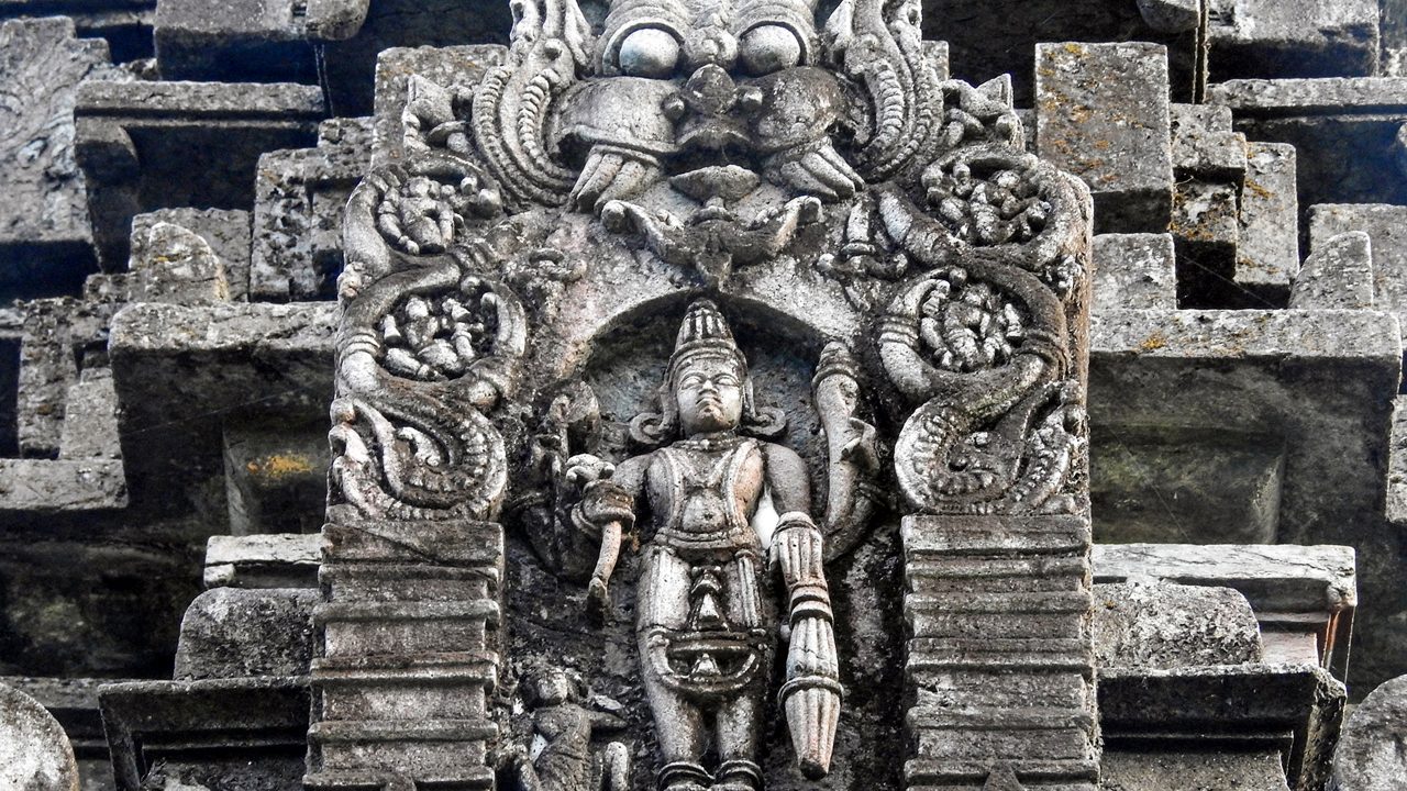 Kirtimukha on the carving of Lord Vishnu at Mahadev Temple, 12th-century temple, located at Tambdi Surla, Goa State, India; Shutterstock ID 1327751039; purchase_order: -; job: -; client: -; other: -