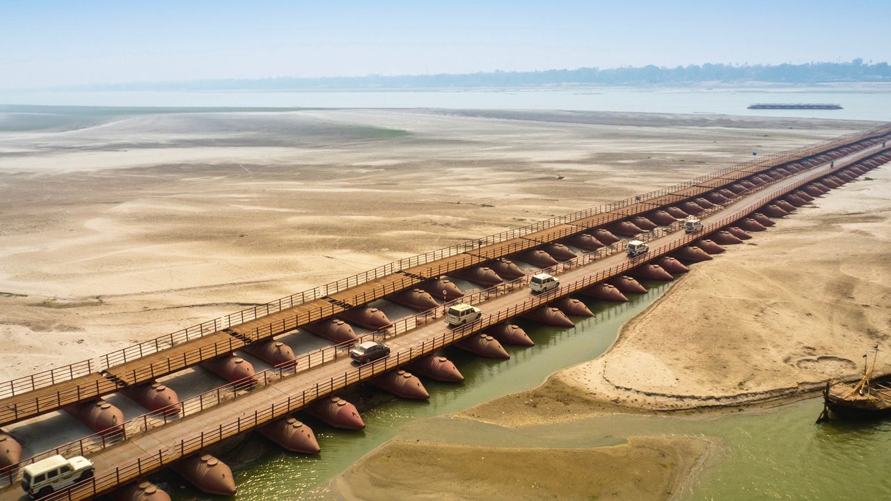 Aerial Landscape From Mahatma gandhi Setu Bridge , Pipa Pool Gaighat Bridges Over Ganges River , Patna District , India