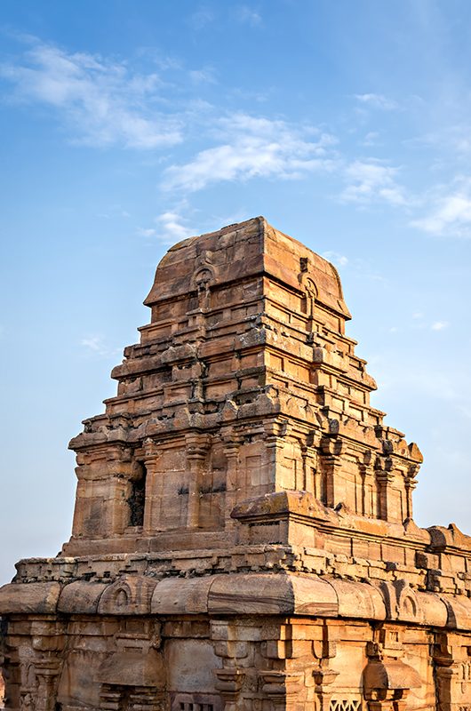 Monkey sitting on ancient stone carved temple in Badami fort, Karnataka,India.