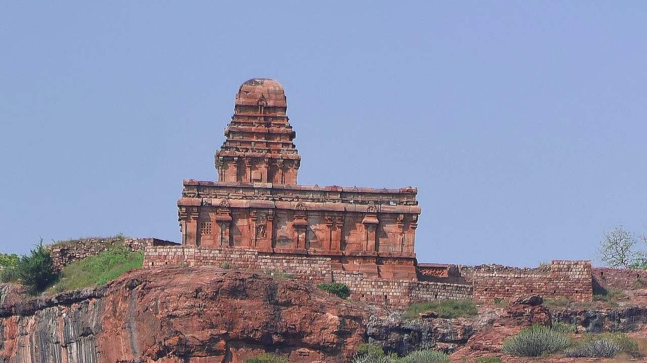 View of the Upper Shivalaya temple on Badami fort as seen from the Badami cave temple complex in Karnataka in India