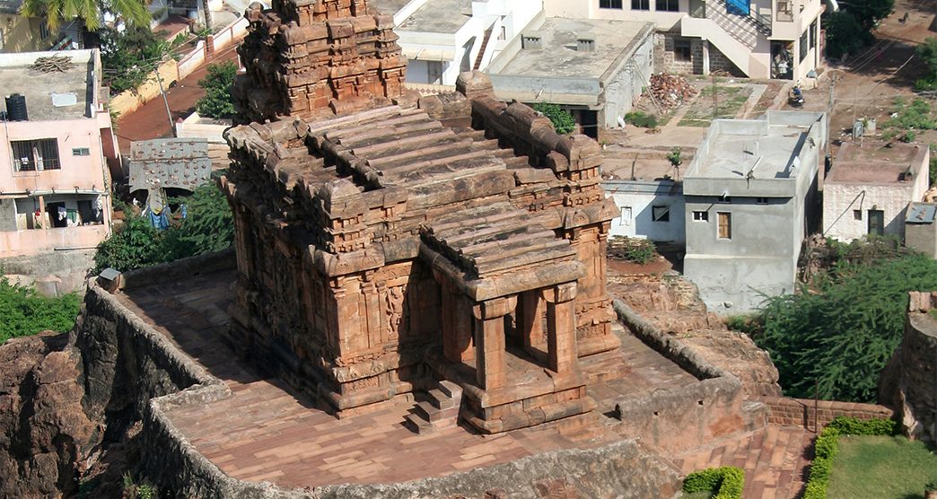 View of Malegitti Shivalaya Temple from top of fort on Northern Hill at Badami, Karnataka, India, Asia