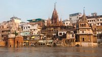 View of Manikarnika Ghat, Varanasi, India. Taken from the river after monsoon.; Shutterstock ID 95548927; purchase_order: -; job: -; client: -; other: -