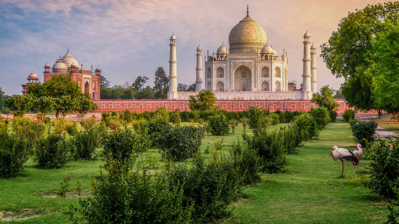 Taj Mahal historic monument at sunset as seen from Mehtab Bagh at Agra, India