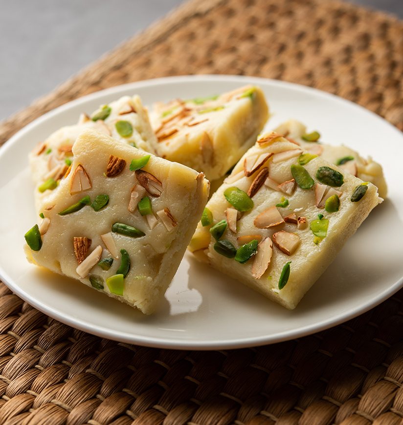 Milk powder barfi also known as Mava burfi, white Khoya burfi or Barfee, Indian Sweet food