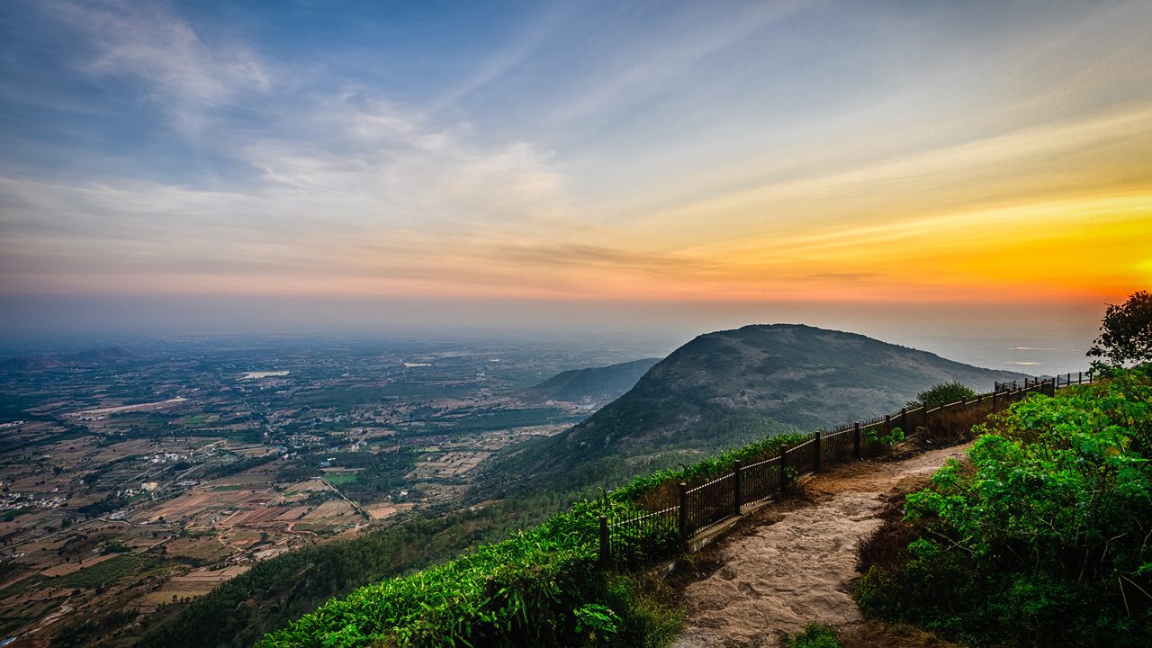 Beautiful view of Nandi hills during sunset, Nandi Hills is located near to Bengaluru or Bangalore, Karnataka, India